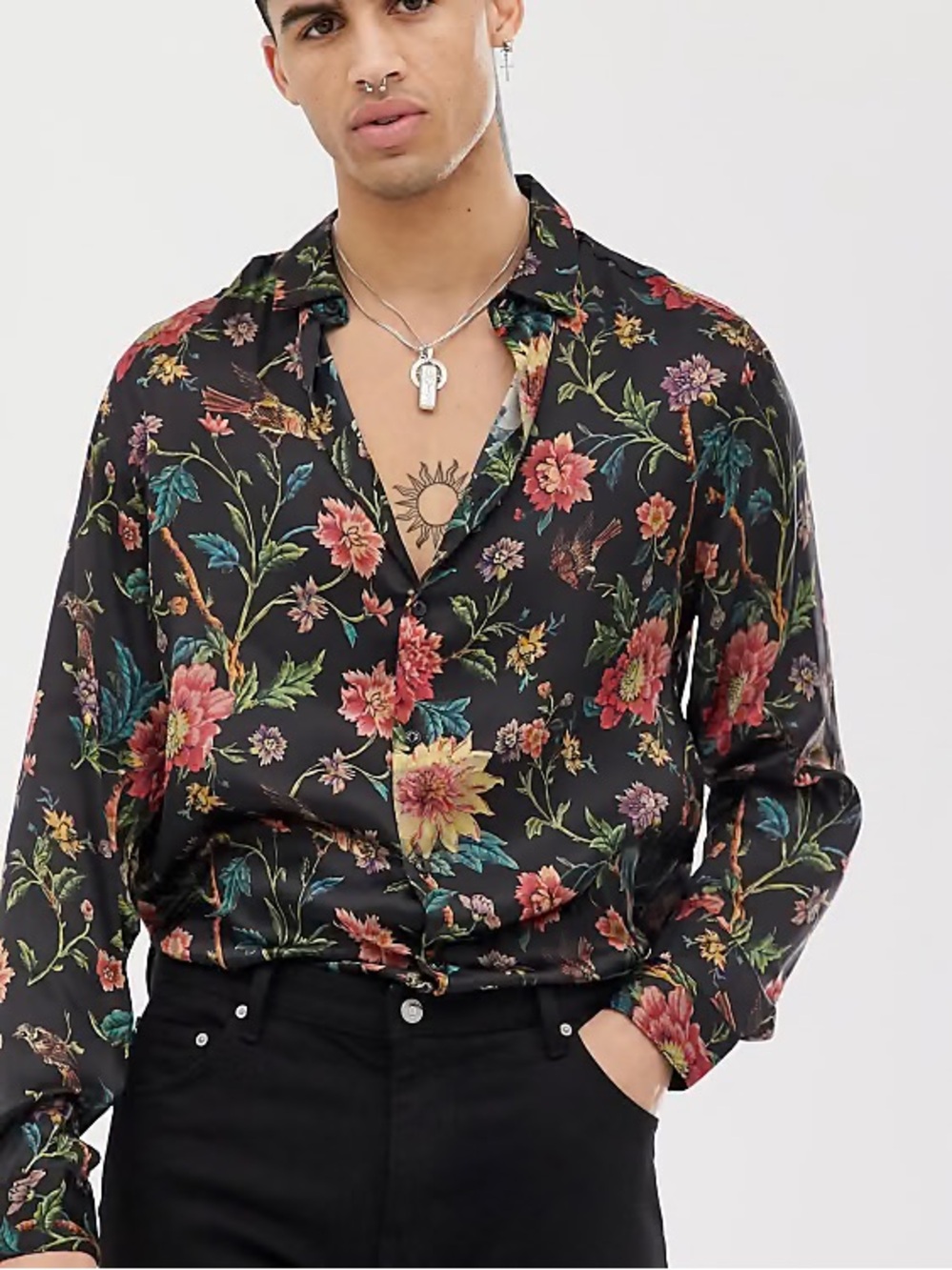 ASOS Black Floral Birds Satin Button Down Shirt, Men’s M Tall Long